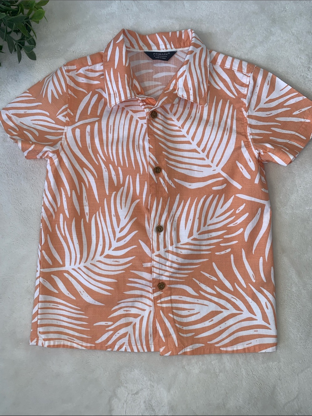 Primark Orange & White Tropical Button Down Shirt 6/7 EUC